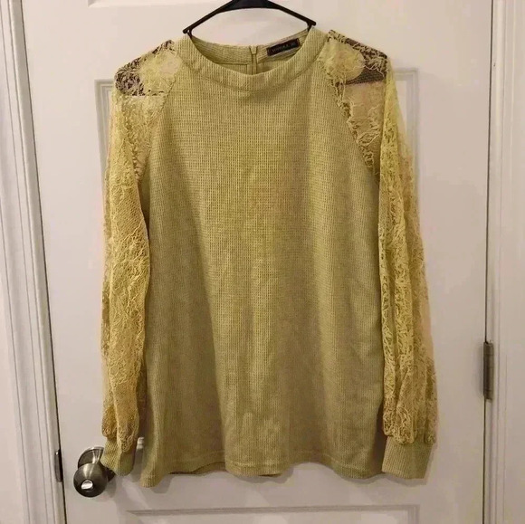Size M MIHOLL Long Sleeve Lace Waffle Knit Top Green Womens High Neck - Picture 1 of 5